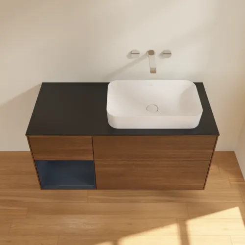 VILLEROY BOCH Toaletní skříňka Finion, s osvětlením, 3 výsuvy, 1200 x 603 x 501 mm, ořechová dýha / půlnočně modrý matný lak / černé matné sklo #F682HGGN, obrázek 2