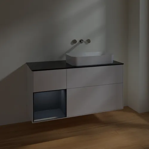 VILLEROY BOCH Toaletní skříňka Finion, s osvětlením, 3 výsuvy, 1200 x 603 x 501 mm, lesklý bílý lak / půlnoční modrý matný lak / černé matné sklo #F682HGGF, obrázek 3