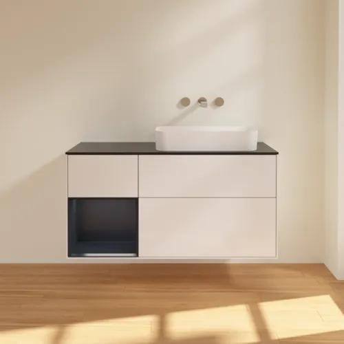 VILLEROY BOCH Toaletní skříňka Finion, s osvětlením, 3 výsuvy, 1200 x 603 x 501 mm, lesklý bílý lak / půlnoční modrý matný lak / černé matné sklo #F682HGGF, obrázek 2