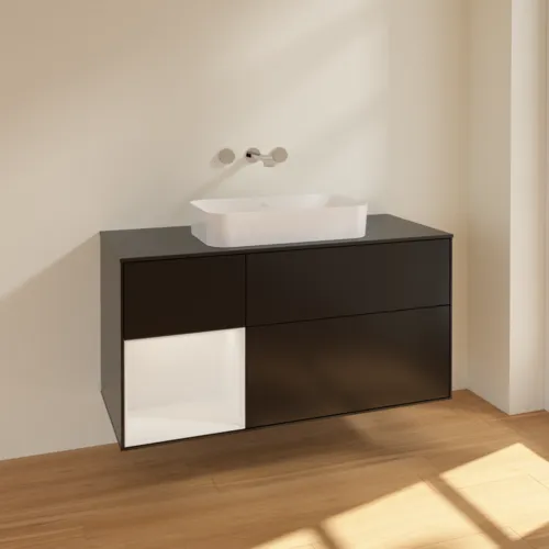 VILLEROY BOCH Toaletní skříňka Finion, s osvětlením, 3 výsuvy, 1200 x 603 x 501 mm, černý matný lak / bílý lesklý lak / černé matné sklo #F702GFPD, obrázek 2