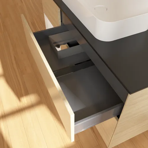 VILLEROY BOCH Toaletní skříňka Finion, s osvětlením, 3 výsuvy, 1200 x 603 x 501 mm, dubová dýha / lesklý bílý lak / černé matné sklo #F702GFPC, obrázek 6