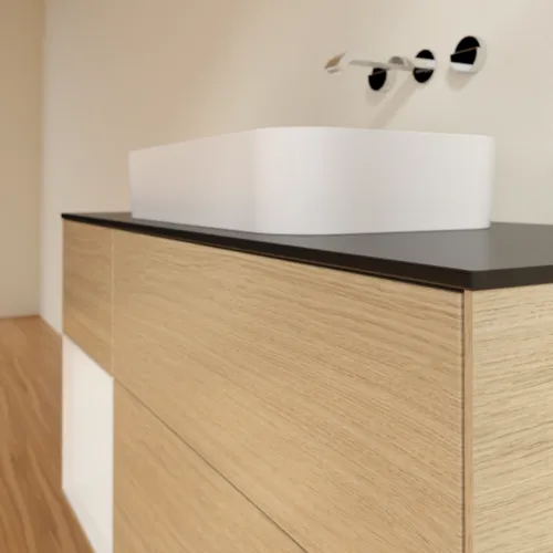 VILLEROY BOCH Toaletní skříňka Finion, s osvětlením, 3 výsuvy, 1200 x 603 x 501 mm, dubová dýha / lesklý bílý lak / černé matné sklo #F702GFPC, obrázek 5