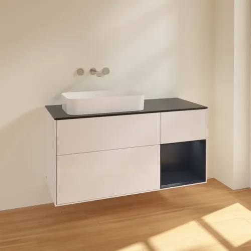 VILLEROY BOCH Toaletní skříňka Finion, s osvětlením, 3 výsuvy, 1200 x 603 x 501 mm, lesklý bílý lak / půlnoční modrý matný lak / černé matné sklo #F692HGGF, obrázek 2