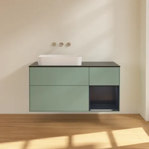VILLEROY BOCH Toaletní skříňka Finion, s osvětlením, 3 výsuvy, 1200 x 603 x 501 mm, olivový matný lak / půlnoční modrý matný lak / černé matné sklo #F692HGGM, obrázek 2