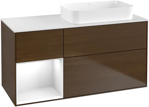 VILLEROY BOCH Toaletní skříňka Finion, s osvětlením, 3 výsuvy, 1200 x 603 x 501 mm, ořechová dýha / lesklý bílý lak / sklo bílé matné #F681GFGN