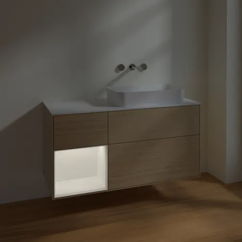 VILLEROY BOCH Toaletní skříňka Finion, s osvětlením, 3 výsuvy, 1200 x 603 x 501 mm, dubová dýha / bílý matný lak / bílé matné sklo #F681MTPC, obrázek 2