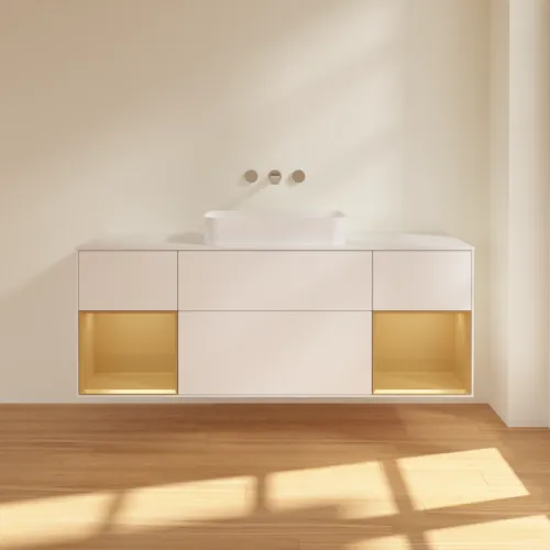 VILLEROY BOCH Toaletní skříňka Finion, s osvětlením, 4 výsuvy, 1600 x 603 x 501 mm, bílý matný lak / zlatý matný lak / bílé matné sklo #F741HFMT, obrázek 3
