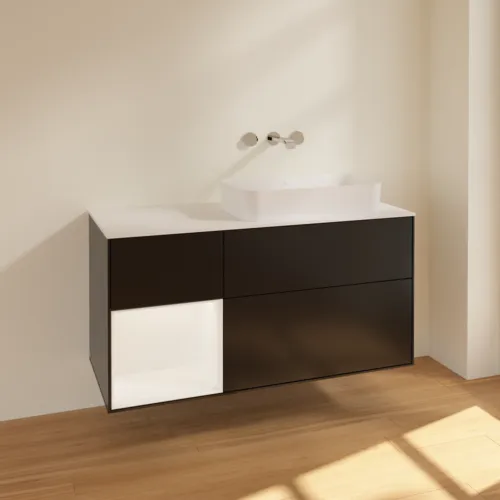 VILLEROY BOCH Toaletní skříňka Finion, s osvětlením, 3 výsuvy, 1200 x 603 x 501 mm, černý matný lak / bílý matný lak / bílé matné sklo #F681MTPD, obrázek 2