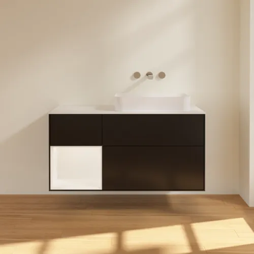 VILLEROY BOCH Toaletní skříňka Finion, s osvětlením, 3 výsuvy, 1200 x 603 x 501 mm, černý matný lak / bílý matný lak / bílé matné sklo #F681MTPD, obrázek 3