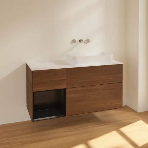 VILLEROY BOCH Toaletní skříňka Finion, s osvětlením, 3 výsuvy, 1200 x 603 x 501 mm, ořechová dýha / černý matný lak / sklo bílé matné #F681PDGN, obrázek 2