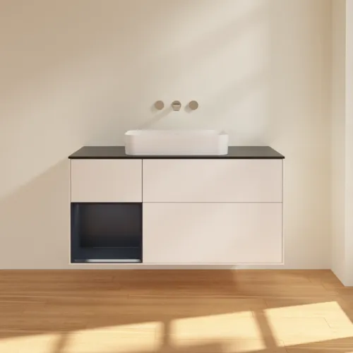 VILLEROY BOCH Toaletní skříňka Finion, s osvětlením, 3 výsuvy, 1200 x 603 x 501 mm, bílý matný lak / půlnoční modrý matný lak / černé matné sklo #F702HGMT, obrázek 2