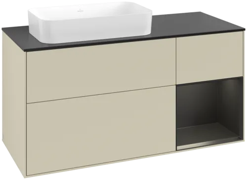 VILLEROY BOCH Toaletní skříňka Finion, s osvětlením, 3 výsuvy, 1200 x 603 x 501 mm, hedvábně šedý matný lak / černý matný lak / černé matné sklo #F692PDHJ