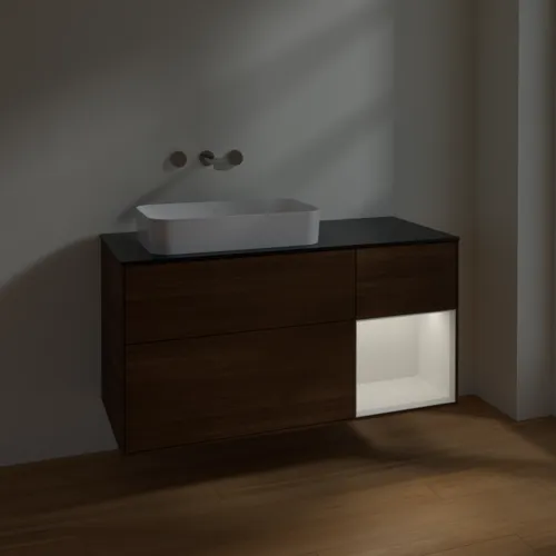 VILLEROY BOCH Toaletní skříňka Finion, s osvětlením, 3 výsuvy, 1200 x 603 x 501 mm, ořechová dýha / lesklý bílý lak / sklo černé matné #F692GFGN, obrázek 4