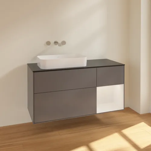 VILLEROY BOCH Toaletní skříňka Finion, s osvětlením, 3 výsuvy, 1200 x 603 x 501 mm, antracitový matný lak / lesklý bílý lak / černé matné sklo #F692GFGK, obrázek 2