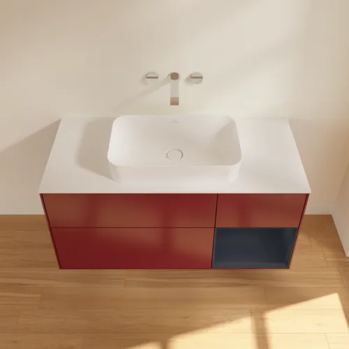 VILLEROY BOCH Toaletní skříňka Finion, s osvětlením, 3 výsuvy, 1200 x 603 x 501 mm, Pivoňka matný lak / Půlnoční modrá matný lak / Sklo bílé matné #F711HGHB, obrázek 3