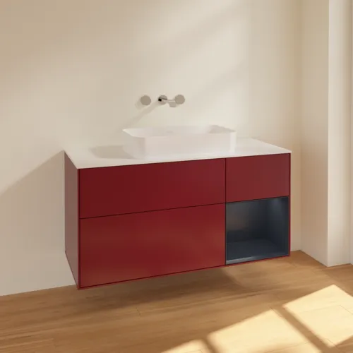 VILLEROY BOCH Toaletní skříňka Finion, s osvětlením, 3 výsuvy, 1200 x 603 x 501 mm, Pivoňka matný lak / Půlnoční modrá matný lak / Sklo bílé matné #F711HGHB, obrázek 2