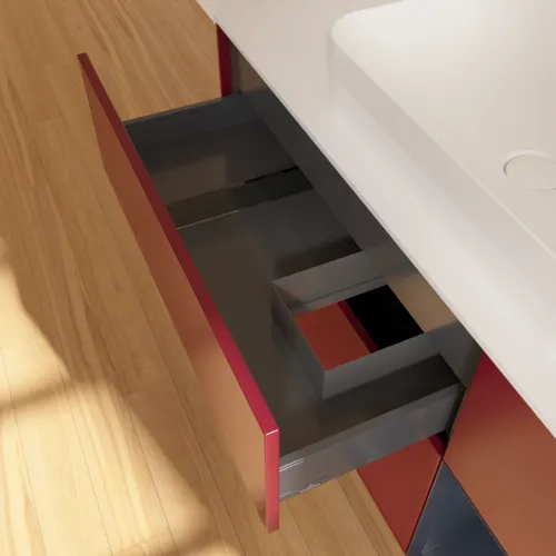 VILLEROY BOCH Toaletní skříňka Finion, s osvětlením, 3 výsuvy, 1200 x 603 x 501 mm, Pivoňka matný lak / Půlnoční modrá matný lak / Sklo bílé matné #F711HGHB, obrázek 5