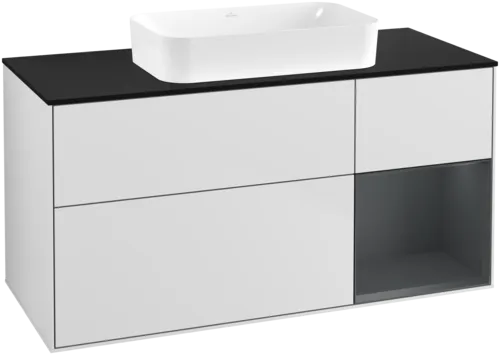 VILLEROY BOCH Toaletní skříňka Finion, s osvětlením, 3 výsuvy, 1200 x 603 x 501 mm, bílý matný lak / půlnoční modrý matný lak / černé matné sklo #F712HGMT
