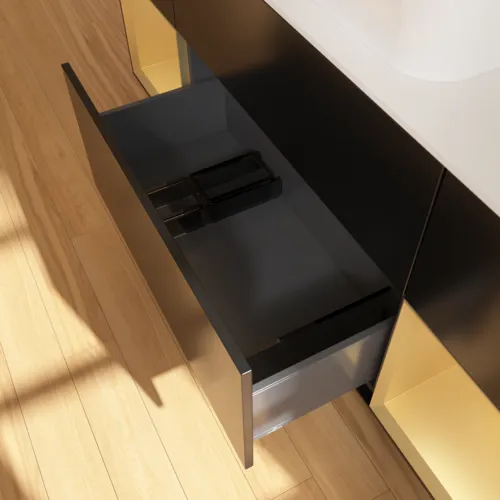 VILLEROY BOCH Toaletní skříňka Finion, s osvětlením, 4 výsuvy, 1600 x 603 x 501 mm, černý matný lak / zlatý matný lak / bílé matné sklo #F741HFPD, obrázek 7