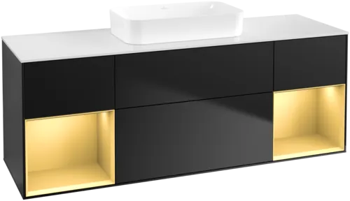 VILLEROY BOCH Toaletní skříňka Finion, s osvětlením, 4 výsuvy, 1600 x 603 x 501 mm, černý matný lak / zlatý matný lak / bílé matné sklo #F741HFPD