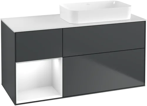 VILLEROY BOCH Toaletní skříňka Finion, s osvětlením, 3 výsuvy, 1200 x 603 x 501 mm, Midnight Blue Matt Lacquer / Glossy White Lacquer / Glass White Matt #F681GFHG
