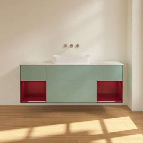 VILLEROY BOCH Toaletní skříňka Finion, s osvětlením, 4 výsuvy, 1600 x 603 x 501 mm, olivový matný lak / pivoňkový matný lak / bílé matné sklo #F741HBGM, obrázek 3