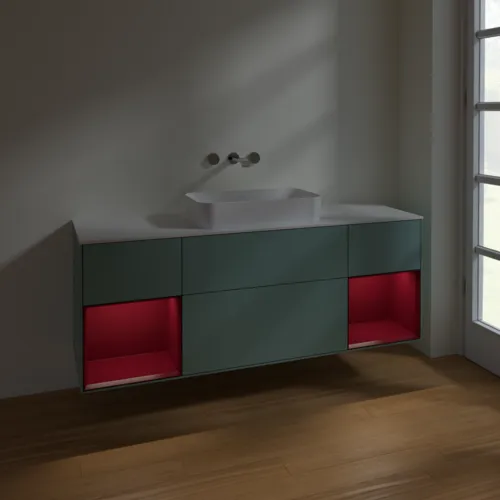 VILLEROY BOCH Toaletní skříňka Finion, s osvětlením, 4 výsuvy, 1600 x 603 x 501 mm, olivový matný lak / pivoňkový matný lak / bílé matné sklo #F741HBGM, obrázek 5