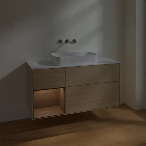 VILLEROY BOCH Toaletní skříňka Finion, s osvětlením, 3 výsuvy, 1200 x 603 x 501 mm, dubová dýha / ořechová dýha / sklo bílé matné #F701GNPC, obrázek 4