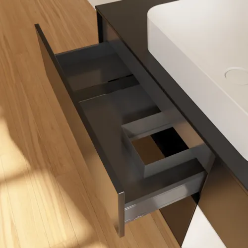VILLEROY BOCH Toaletní skříňka Finion, s osvětlením, 3 výsuvy, 1200 x 603 x 501 mm, černý matný lak / bílý lesklý lak / černé matné sklo #F712GFPD, obrázek 4