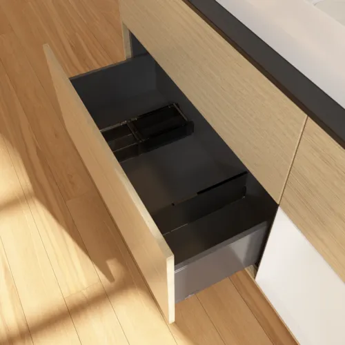 VILLEROY BOCH Toaletní skříňka Finion, s osvětlením, 3 výsuvy, 1200 x 603 x 501 mm, dubová dýha / lesklý bílý lak / černé matné sklo #F712GFPC, obrázek 5