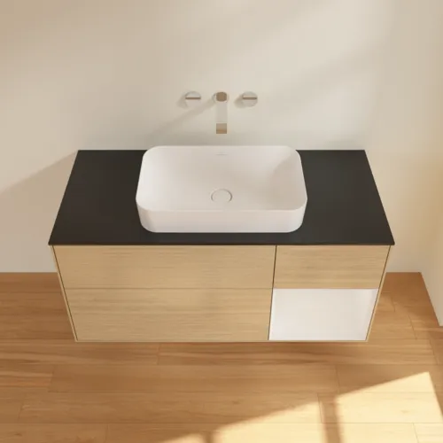 VILLEROY BOCH Toaletní skříňka Finion, s osvětlením, 3 výsuvy, 1200 x 603 x 501 mm, dubová dýha / lesklý bílý lak / černé matné sklo #F712GFPC, obrázek 3