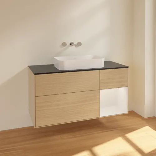 VILLEROY BOCH Toaletní skříňka Finion, s osvětlením, 3 výsuvy, 1200 x 603 x 501 mm, dubová dýha / lesklý bílý lak / černé matné sklo #F712GFPC, obrázek 2