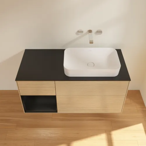 VILLEROY BOCH Toaletní skříňka Finion, s osvětlením, 3 výsuvy, 1200 x 603 x 501 mm, dubová dýha / černý matný lak / černé matné sklo #F682PDPC, obrázek 3