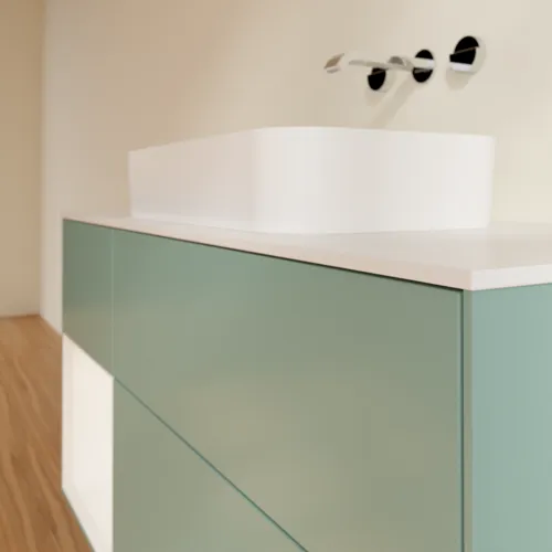 VILLEROY BOCH Toaletní skříňka Finion, s osvětlením, 3 výsuvy, 1200 x 603 x 501 mm, olivový matný lak / bílý matný lak / bílé matné sklo #F701MTGM, obrázek 4