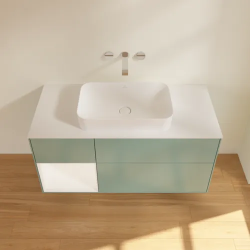 VILLEROY BOCH Toaletní skříňka Finion, s osvětlením, 3 výsuvy, 1200 x 603 x 501 mm, olivový matný lak / bílý matný lak / bílé matné sklo #F701MTGM, obrázek 3