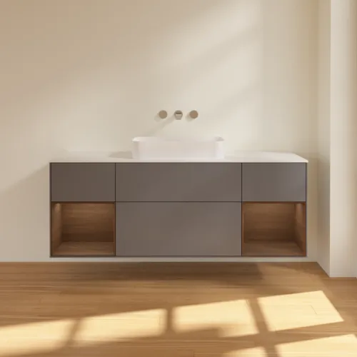 VILLEROY BOCH Toaletní skříňka Finion, s osvětlením, 4 výsuvy, 1600 x 603 x 501 mm, antracit matný lak / ořechová dýha / sklo bílé matné #F741GNGK, obrázek 3