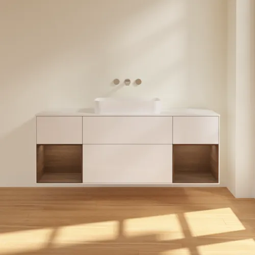 VILLEROY BOCH Toaletní skříňka Finion, s osvětlením, 4 výsuvy, 1600 x 603 x 501 mm, lesklý bílý lak / ořechová dýha / sklo bílé matné #F741GNGF, obrázek 3