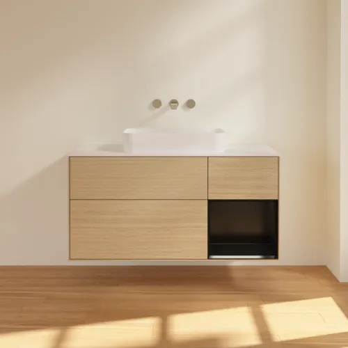 VILLEROY BOCH Toaletní skříňka Finion, s osvětlením, 3 výsuvy, 1200 x 603 x 501 mm, dubová dýha / černý matný lak / bílé matné sklo #F711PDPC, obrázek 2