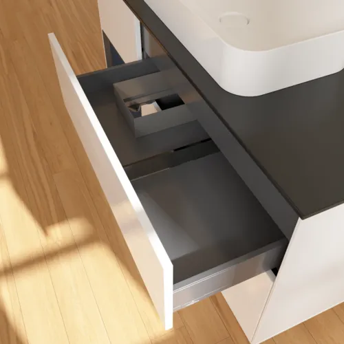 VILLEROY BOCH Toaletní skříňka Finion, s osvětlením, 3 výsuvy, 1200 x 603 x 501 mm, lesklý bílý lak / půlnoční modrý matný lak / černé matné sklo #F702HGGF, obrázek 4