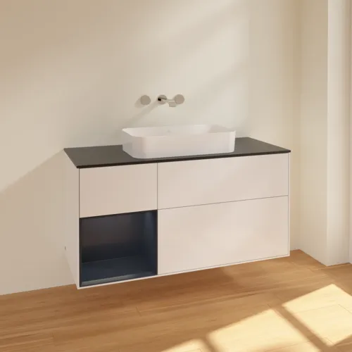 VILLEROY BOCH Toaletní skříňka Finion, s osvětlením, 3 výsuvy, 1200 x 603 x 501 mm, lesklý bílý lak / půlnoční modrý matný lak / černé matné sklo #F702HGGF, obrázek 2