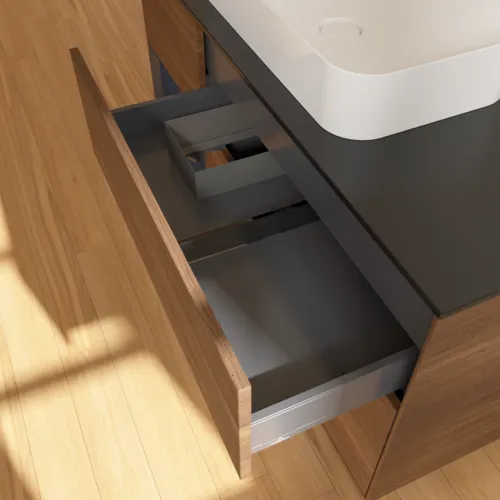 VILLEROY BOCH Toaletní skříňka Finion, s osvětlením, 3 výsuvy, 1200 x 603 x 501 mm, ořechová dýha / půlnočně modrý matný lak / černé matné sklo #F702HGGN, obrázek 5