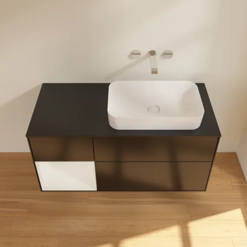 VILLEROY BOCH Toaletní skříňka Finion, s osvětlením, 3 výsuvy, 1200 x 603 x 501 mm, černý matný lak / bílý lesklý lak / černé matné sklo #F682GFPD, obrázek 4