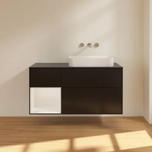 VILLEROY BOCH Toaletní skříňka Finion, s osvětlením, 3 výsuvy, 1200 x 603 x 501 mm, černý matný lak / bílý lesklý lak / černé matné sklo #F682GFPD, obrázek 3
