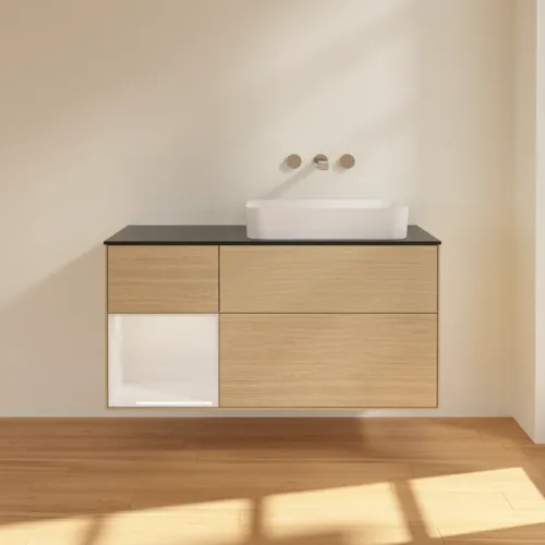 VILLEROY BOCH Toaletní skříňka Finion, s osvětlením, 3 výsuvy, 1200 x 603 x 501 mm, dubová dýha / lesklý bílý lak / černé matné sklo #F682GFPC, obrázek 3