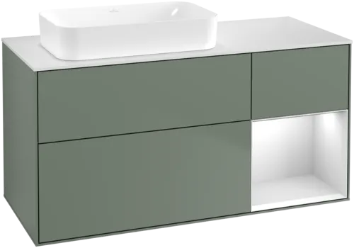 VILLEROY BOCH Toaletní skříňka Finion, s osvětlením, 3 výsuvy, 1200 x 603 x 501 mm, olivový matný lak / bílý matný lak / bílé matné sklo #F691MTGM