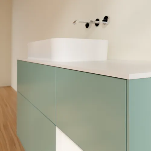 VILLEROY BOCH Toaletní skříňka Finion, s osvětlením, 3 výsuvy, 1200 x 603 x 501 mm, olivový matný lak / bílý matný lak / bílé matné sklo #F691MTGM, obrázek 4