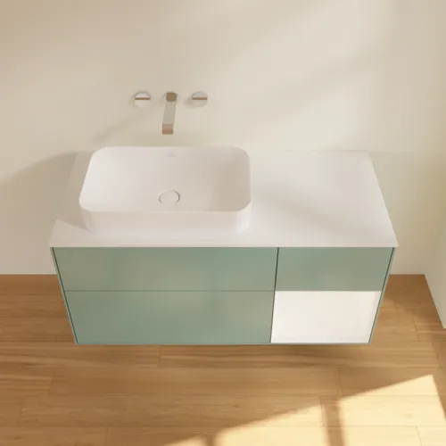 VILLEROY BOCH Toaletní skříňka Finion, s osvětlením, 3 výsuvy, 1200 x 603 x 501 mm, olivový matný lak / bílý matný lak / bílé matné sklo #F691MTGM, obrázek 3