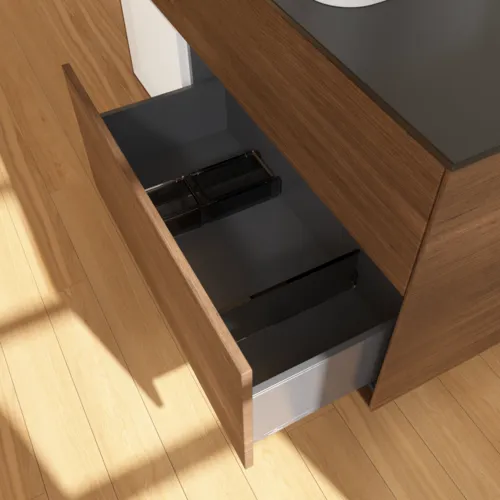 VILLEROY BOCH Toaletní skříňka Finion, s osvětlením, 3 výsuvy, 1200 x 603 x 501 mm, ořechová dýha / lesklý bílý lak / sklo černé matné #F702GFGN, obrázek 5
