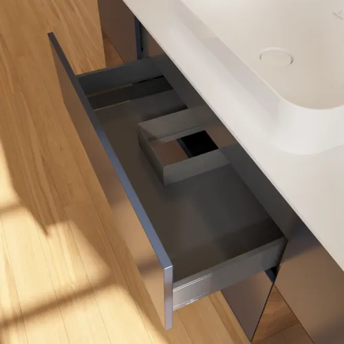 VILLEROY BOCH Toaletní skříňka Finion, s osvětlením, 4 výsuvy, 1600 x 603 x 501 mm, půlnočně modrý matný lak / ořechová dýha / sklo bílé matné #F741GNHG, obrázek 8