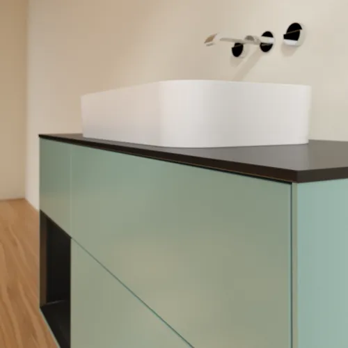 VILLEROY BOCH Toaletní skříňka Finion, s osvětlením, 3 výsuvy, 1200 x 603 x 501 mm, olivový matný lak / černý matný lak / černé matné sklo #F702PDGM, obrázek 4